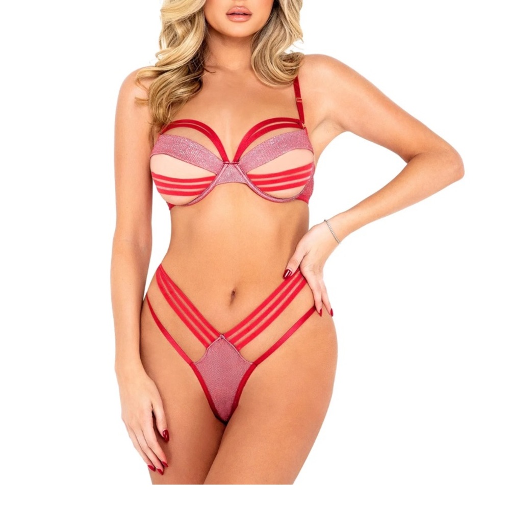 COPY Shimmer Bondage 2 piece lingerie set Lovers Lane SZ SMALL sexy red sparkle